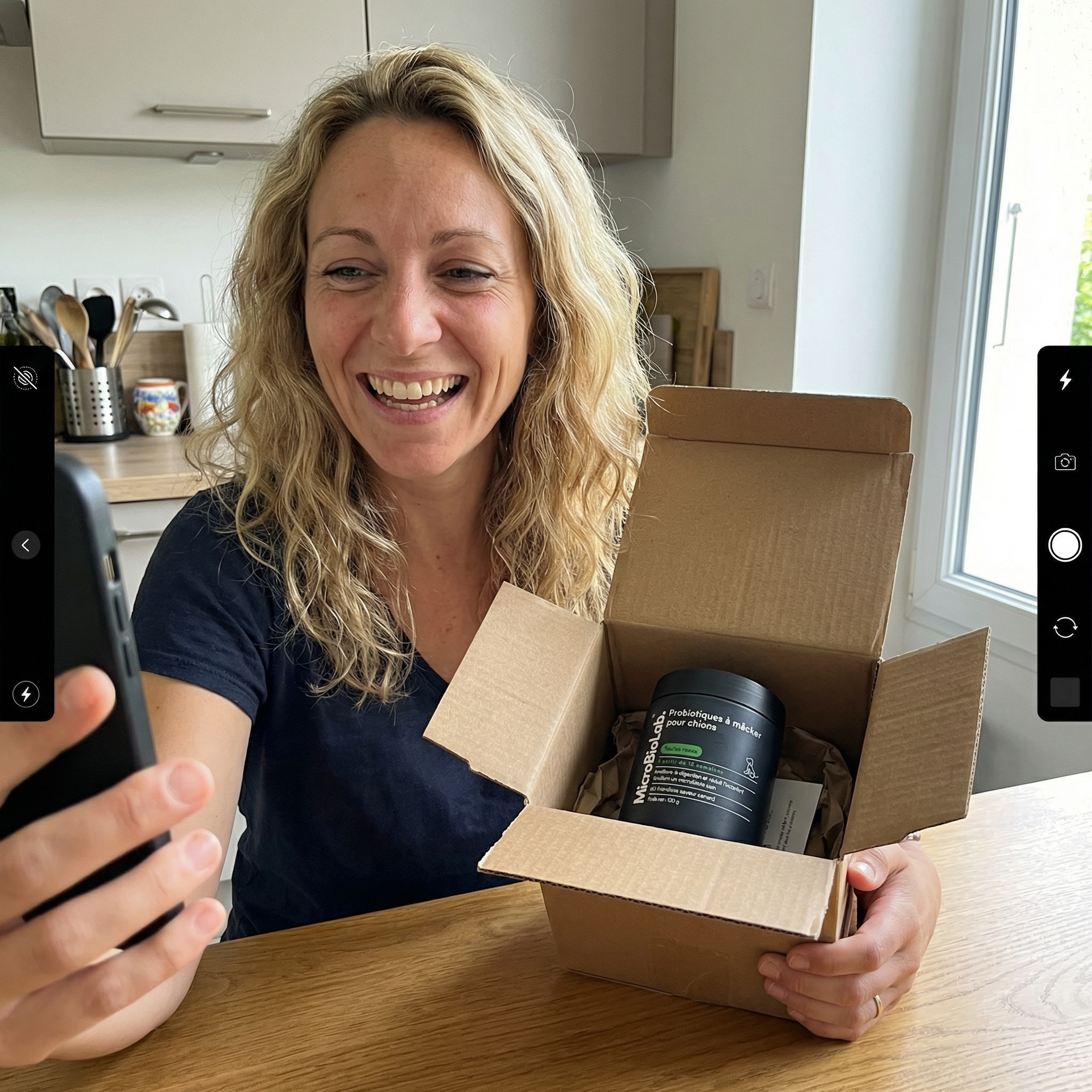 Véronique avec son colis MicroBioLab