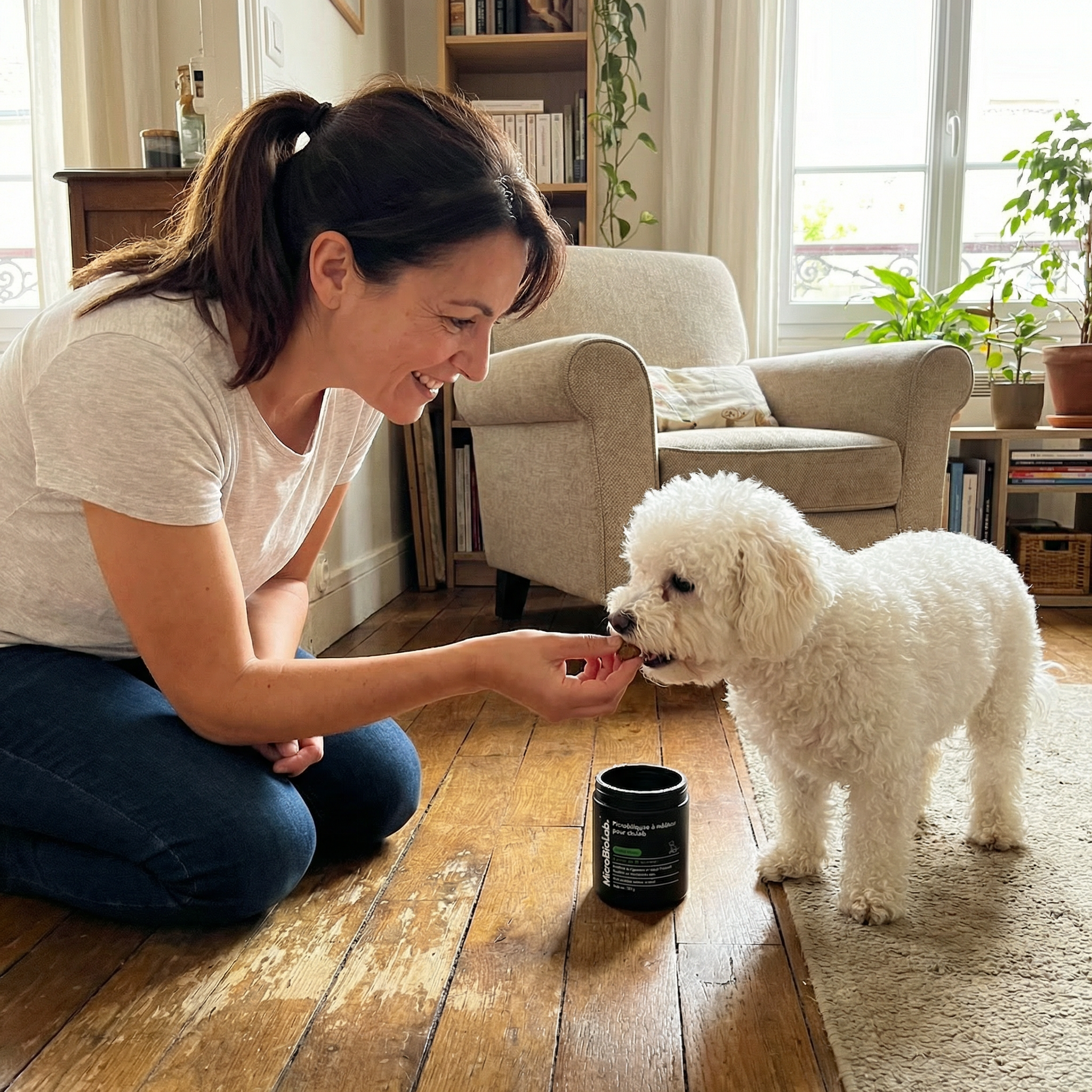Christine donnant MicroBioLab à son chien